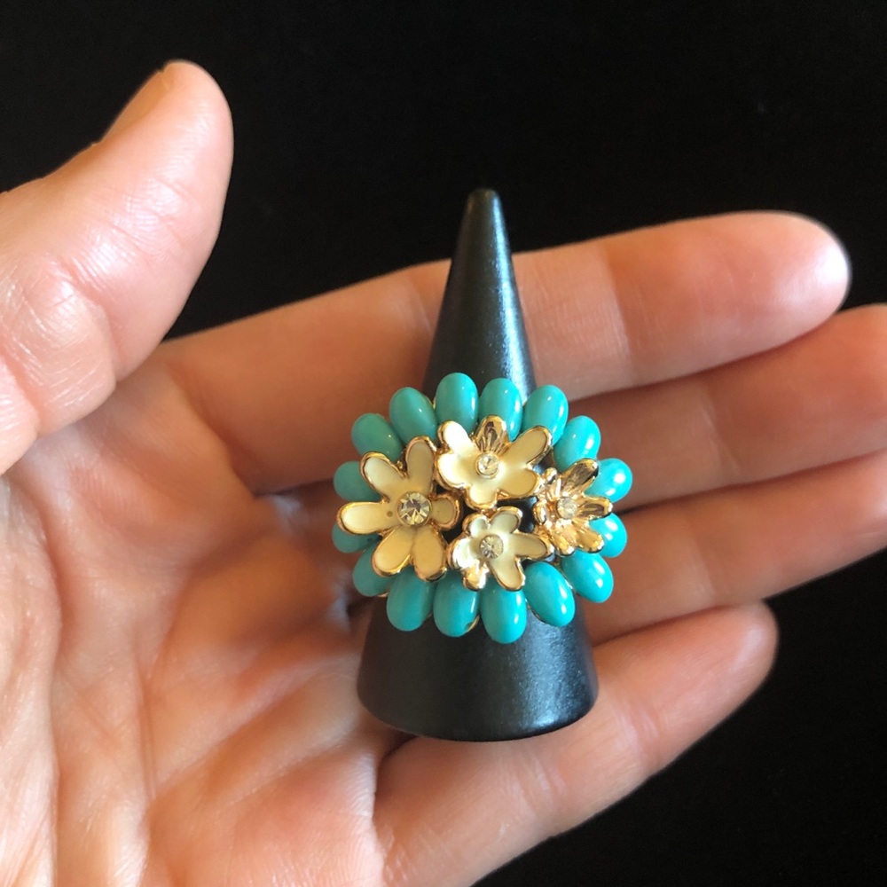 Floral Turquoise Like Blue Color and Gold Tone Women's Ring - Picture 2 of 11